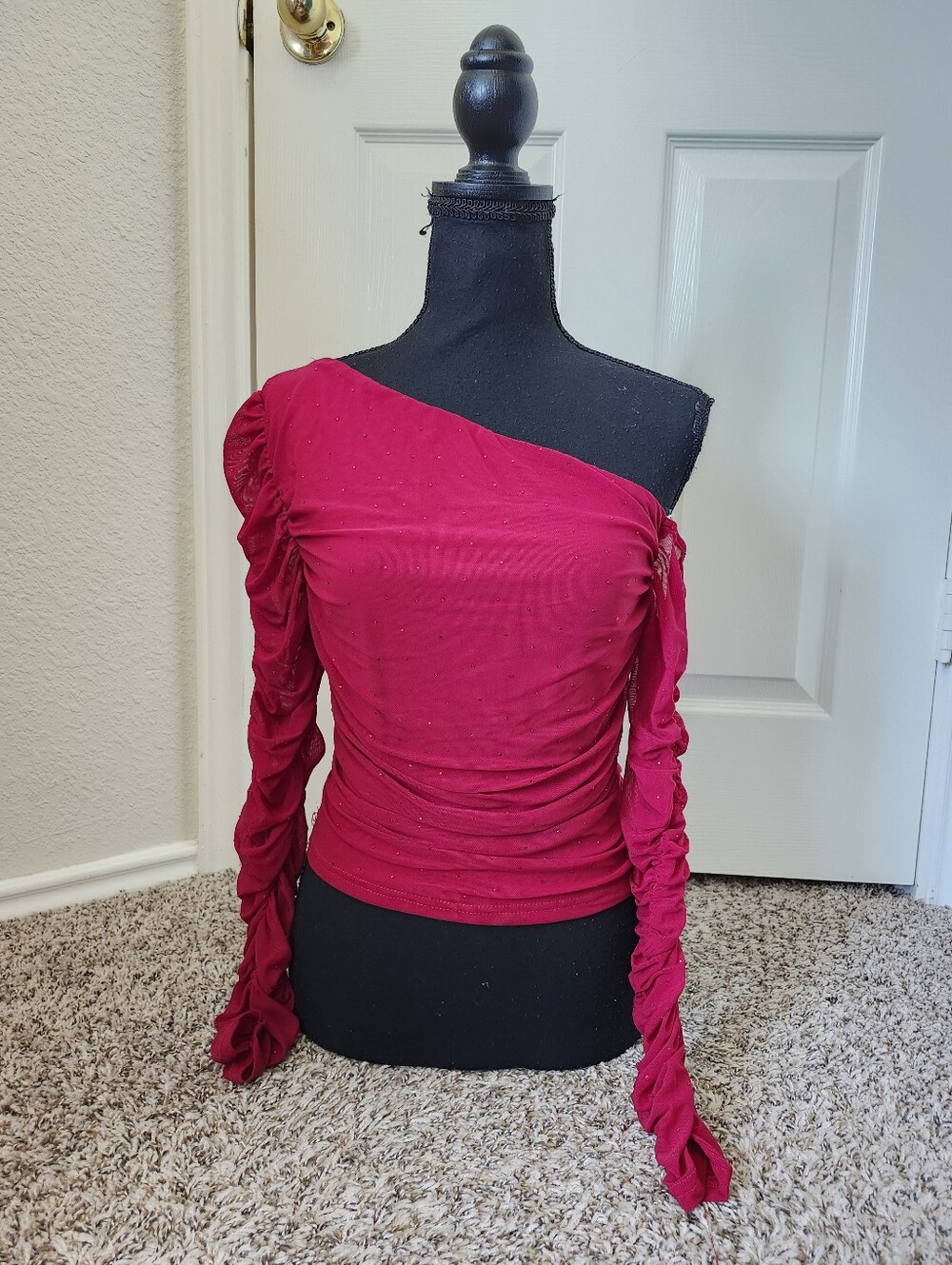 Lulus One-Shoulder Ruched Red Rhinestone Gem Top - Picture 4 of 10